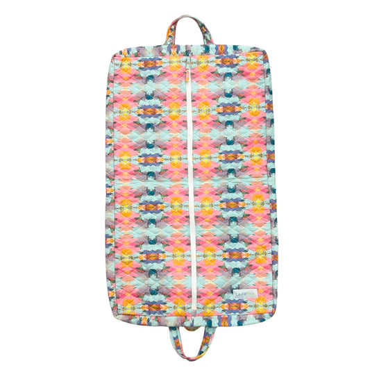 Laura Park Designs garment bag in Antigua Smile pattern with colorful geometric diamonds and beaded motifs