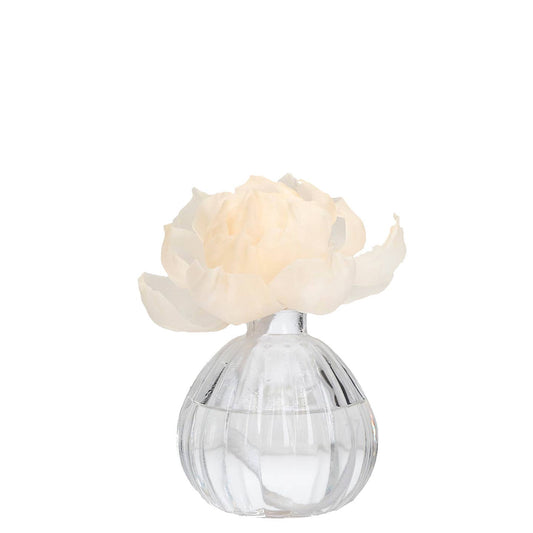 Greenleaf Gifts Magnolia Flower Diffuser Tester with cream peony bloom in clear ribbed glass bottle