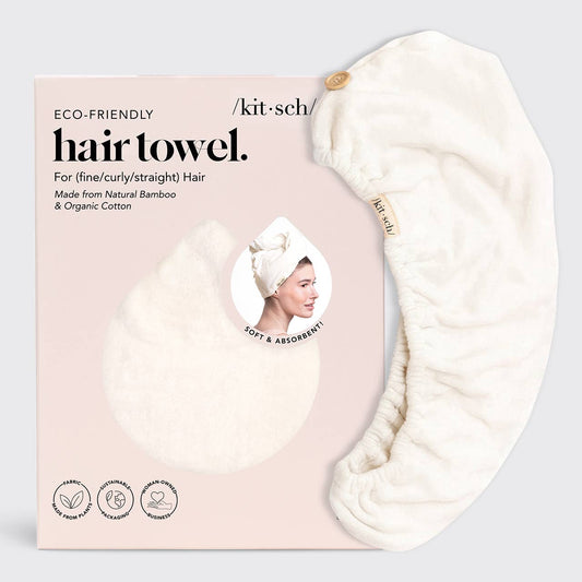 KITSCH Quick Dry Hair Towel in ivory bamboo and organic cotton with packaging