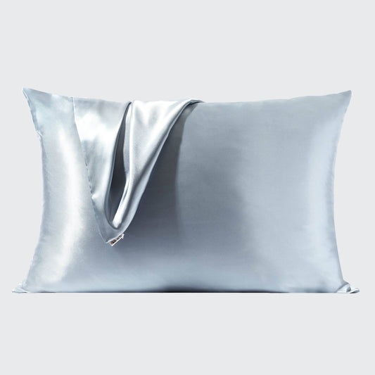 Haze blue KITSCH satin pillowcase front view with elastic band detail