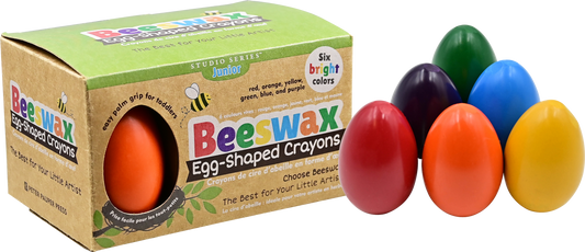 Peter Pauper Press Studio Series Junior Beeswax Egg-Shaped Crayons box with six bright crayons in red, orange, yellow, green, blue, and purple