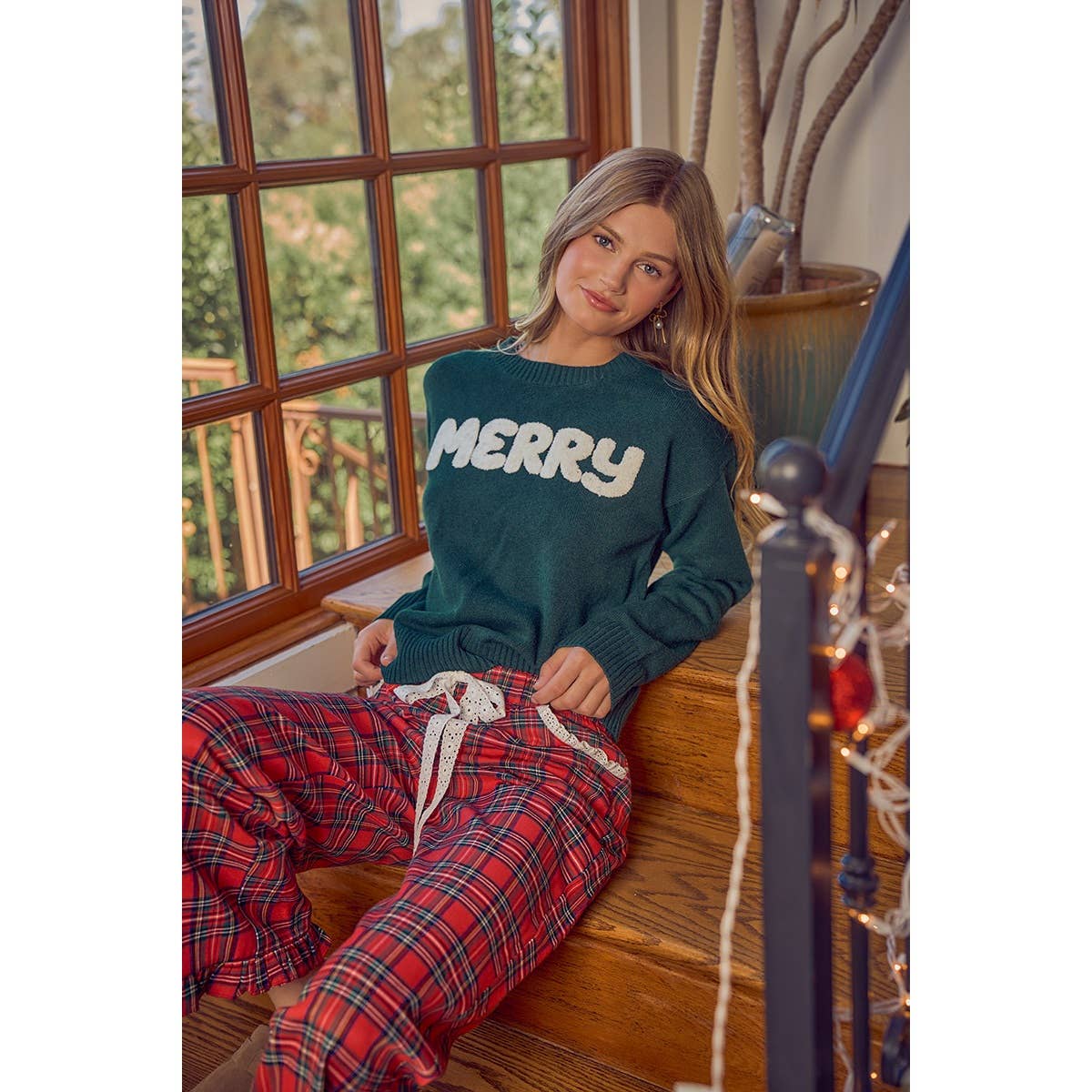 So Me - RUFFLED BOTTOM DETAIL CHRISTMAS PLAID CHECK LACE TRIM PANTS