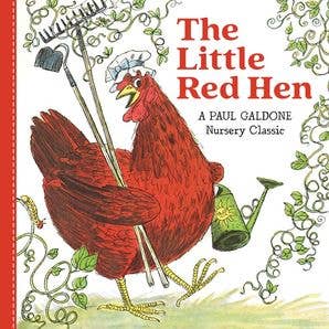 The Little Red Hen board book cover by Paul Galdone featuring red hen with decorative green vine border