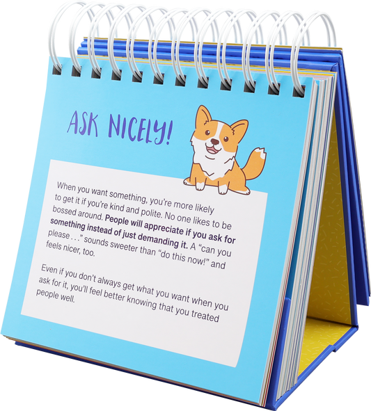 Peter Pauper Press Everyday Manners flip book open to light blue page with cheerful corgi illustration and etiquette tip