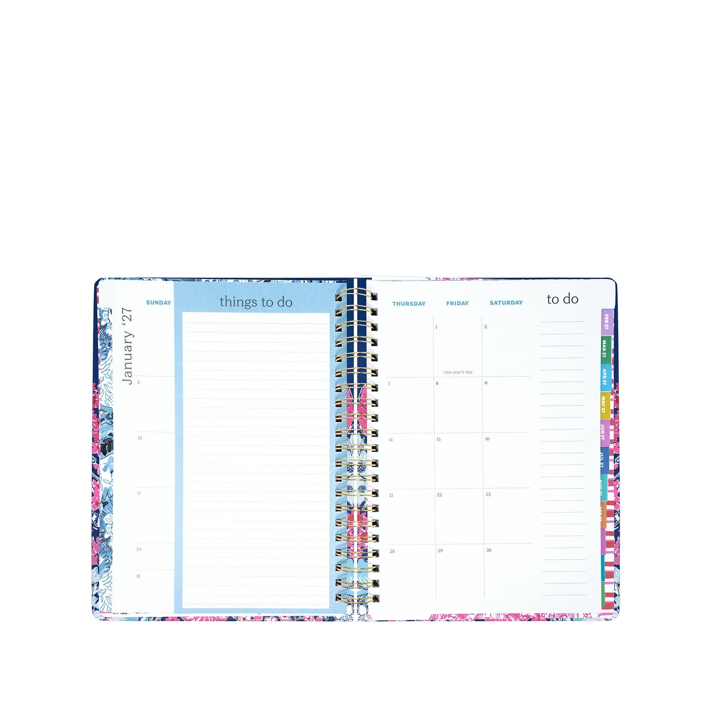 An open spiral-bound planner, such as the Lilly Pulitzer by Lifeguard Press - Jumbo 17 Month Agenda, In All Her Glory, features a "things to do" list on the left and a weekly calendar layout for Thursday to Saturday on the right, highlighted with colorful borders and tabs.