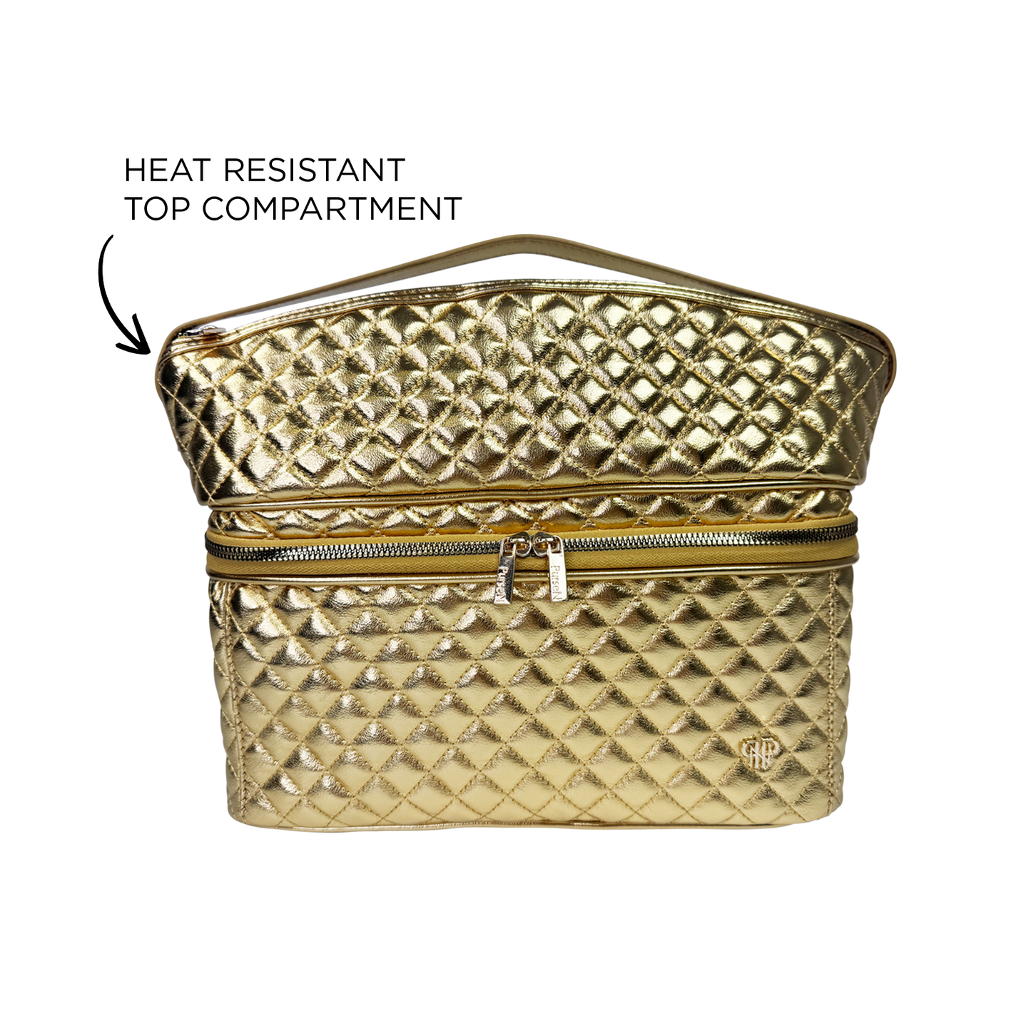 A gold quilted PurseN (new) Stylist Travel Bag - 24 Karat is shown open, revealing a zippered heat-resistant top compartment. Black text and an arrow highlight the bag’s heat-resistant feature in the top section.
