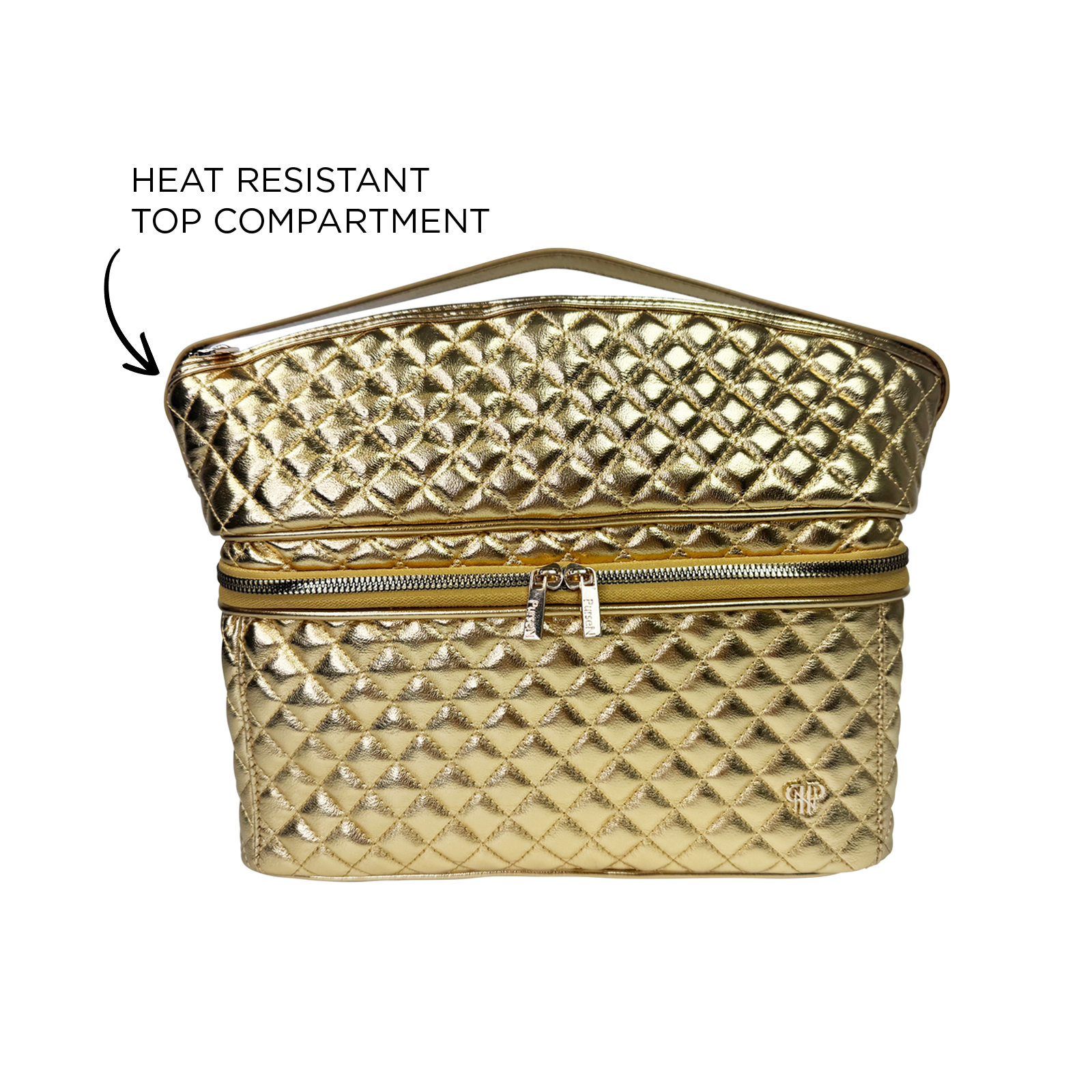 A gold quilted PurseN (new) Stylist Travel Bag - 24 Karat is shown open, revealing a zippered heat-resistant top compartment. Black text and an arrow highlight the bag’s heat-resistant feature in the top section.