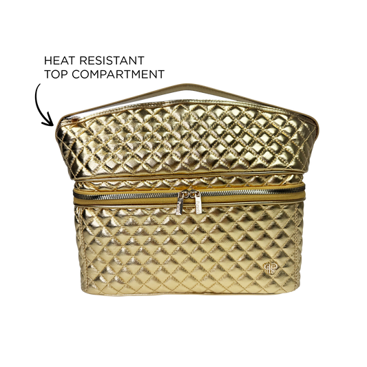 A gold quilted PurseN (new) Stylist Travel Bag - 24 Karat is shown open, revealing a zippered heat-resistant top compartment. Black text and an arrow highlight the bag’s heat-resistant feature in the top section.