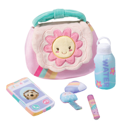 Douglas My First Purse Play Set with pink purse, flower face design, turquoise handle, and accessories
