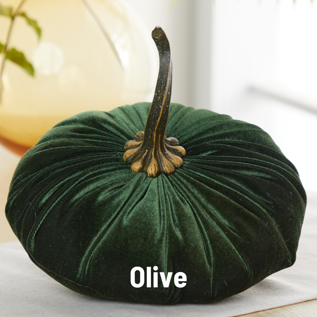 A luxurious, extra large velvet pumpkin-shaped accent in deep olive green from Your Heart’s Content, featuring a realistic stem and beautifully displayed on a table. Ideal as a wedding centerpiece or holiday mantel décor, this thoughtful gift adds a touch of elegance and warmth to any setting.