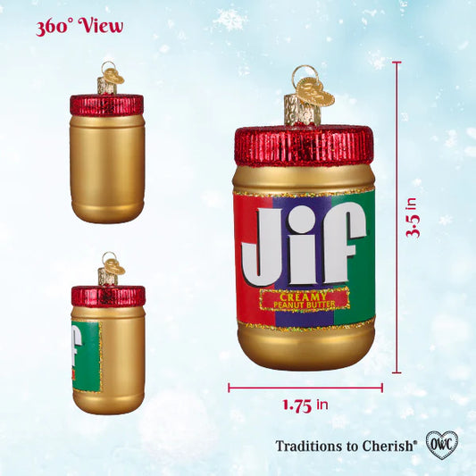 The Old World Christmas Jif Peanut Butter Ornament by Old World Christmas is featured in the image, showcasing a 3.5-inch tall and 1.75-inch wide Christmas ornament shaped like a Jif peanut butter jar with gold and red accents. The ornament is displayed from multiple angles against a blue snowy background.