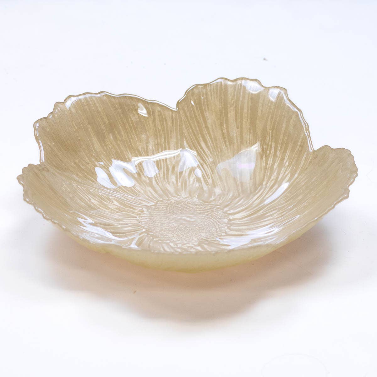The Royal Standard Magnolia serving bowl in pale yellow glass with textured petal design and gold rim