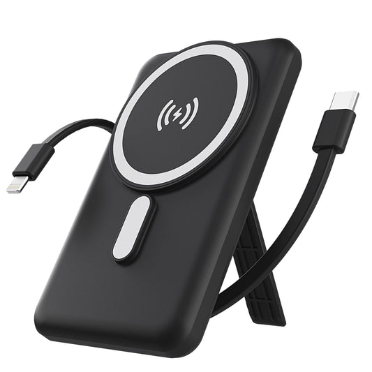 LAX Gadgets black magnetic 7200mAh power bank with built-in cable, kickstand deployed, front angle