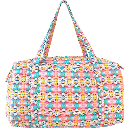 Laura Park Weekender Duffle in multicolor geometric pattern with shoulder handles, front view