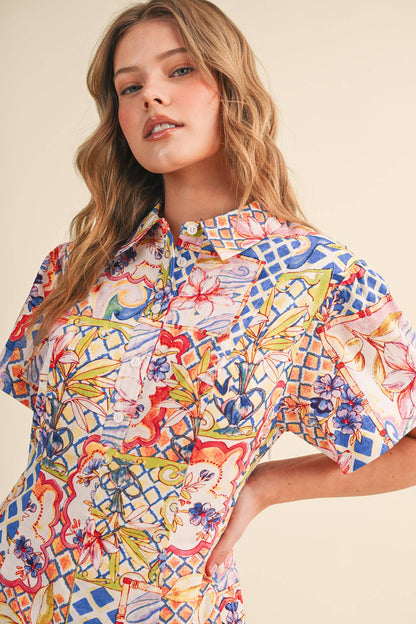 &MERCI - EXCLUSIVE FLORAL FIT & FLARE SHORT SLEEVE MINI DRESS