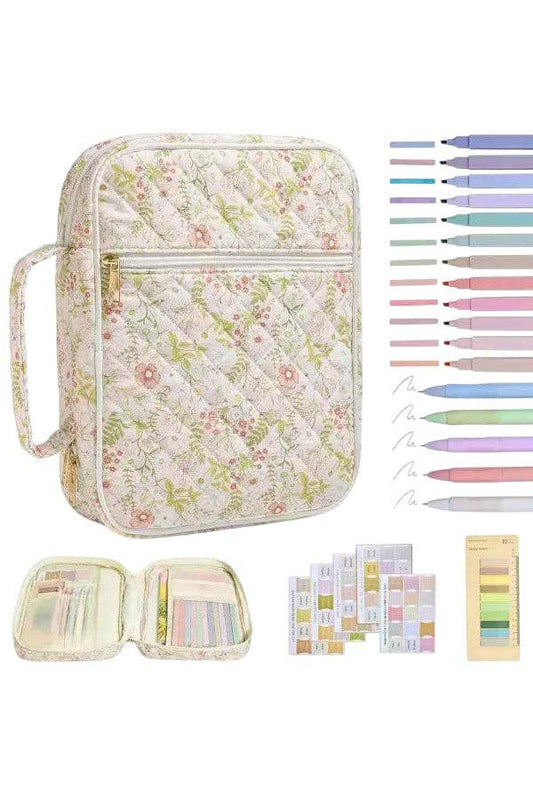 Nash Grey Ruth Bible cover flat lay showing interior pockets, markers, and coordinating accessories