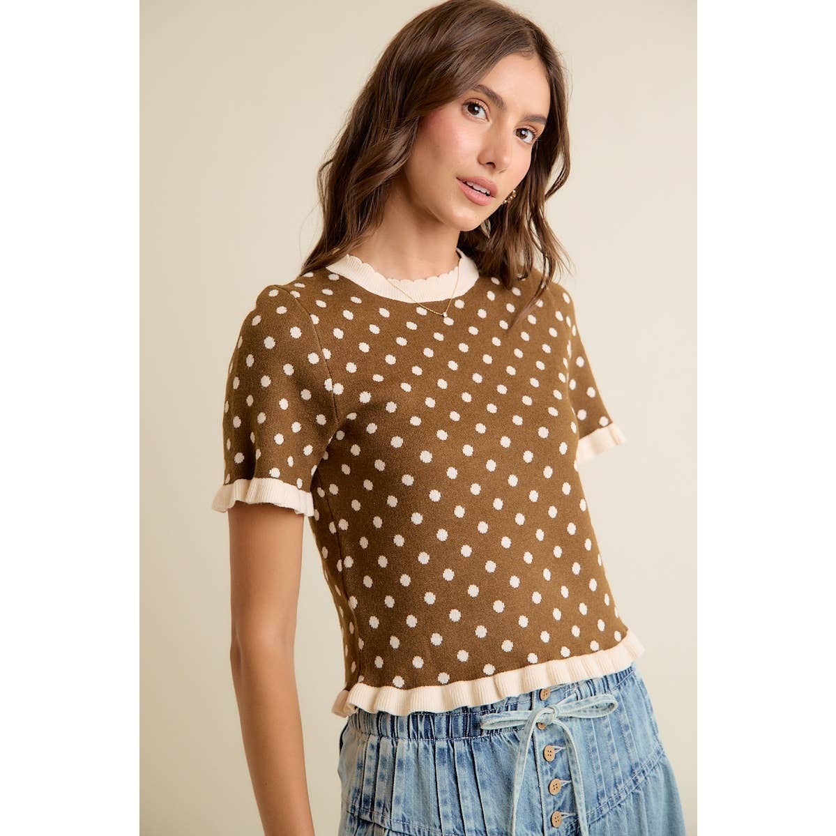 So Me - POLKA DOT RUFFLED SHORT SLEEVES SWEATER KNIT TOP