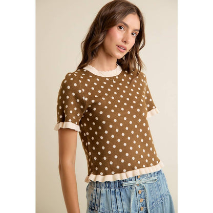 So Me - POLKA DOT RUFFLED SHORT SLEEVES SWEATER KNIT TOP