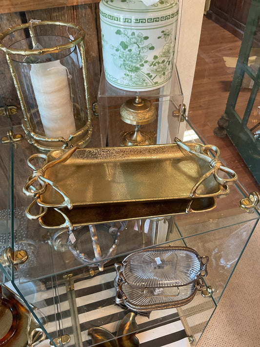 Two's Company Hammered Gold Bow Tray Small in brushed gold with decorative bow handles on each end