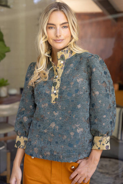 VOY - 37265 Quarter Button Color Contrast Floral  Jacqaurd Top