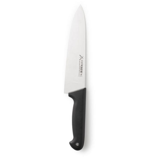 HIC Cat Cora 8-inch chef knife with white blade and black soft-grip handle