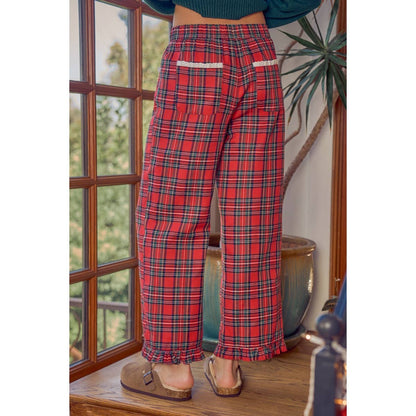 So Me - RUFFLED BOTTOM DETAIL CHRISTMAS PLAID CHECK LACE TRIM PANTS