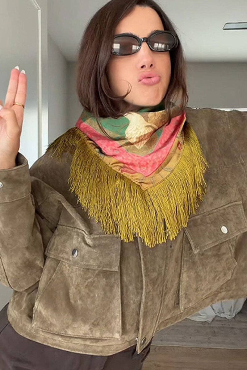 Fringed Floral Crane Print Square Scarf