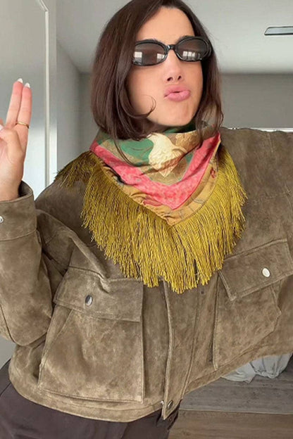 Fringed Floral Crane Print Square Scarf