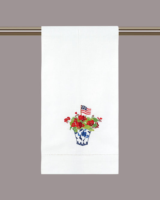 Peking Handicraft Patriotic Chinoiserie Guest Towel with embroidered American flag and red flowers in blue vase