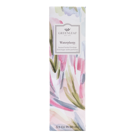 Greenleaf Gifts Waterplants Slim Sachet 12 Pack box with pink and purple floral watercolor design