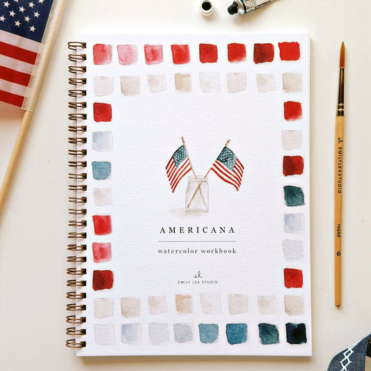 Emily Lex Studio Americana Watercolor Workbook cover with watercolor swatches, American flags, and title