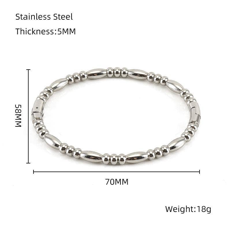 Introducing the Mio Queena - Multi-style 18K Gold-plated Stainless Steel Bangle (FGS) by Mio Queena. This elegant bangle, measuring 5mm thick, 70mm wide, and 58mm high with a weight of 18g, is displayed on a white background with labeled measurements—making it an ideal choice for those searching for timeless jewelry gifts.