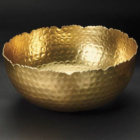 India Handicrafts Inc Large Gilded Hammered Bowl with textured dimpled surface in gold finish, overhead view