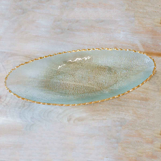 The Royal Standard Fairbanks Oval Platter, clear glass with gold twisted rim, elongated shape for serving