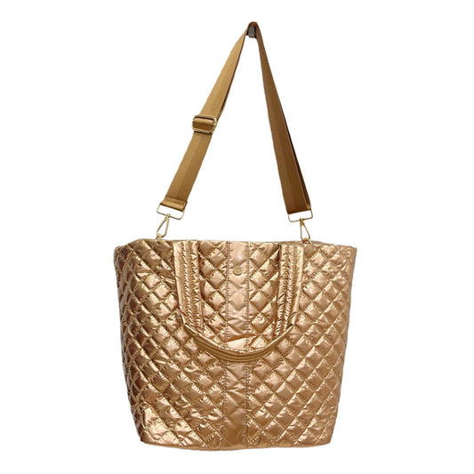 Lemonbella Glossy Copper Diamond Tote with quilted pattern and tan shoulder straps, front view
