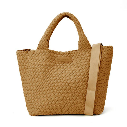 The Parker & Hyde - Classic Woven Tote in Camel features two short handles and a detachable long strap, shown against a white background.
