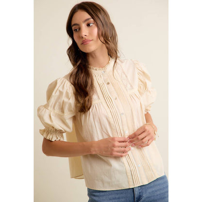So Me - LACE PINTUCK BUTTON SHORT SLEEVES COTTON BLOUSE TOP