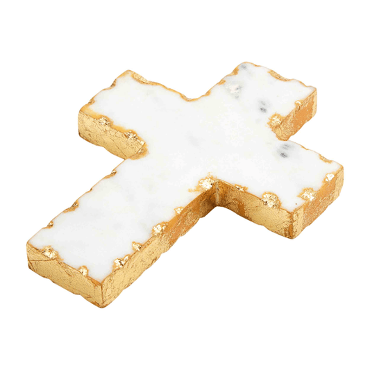 Mudpie Marble Gold Cross with white marble top and gold-leaf edges