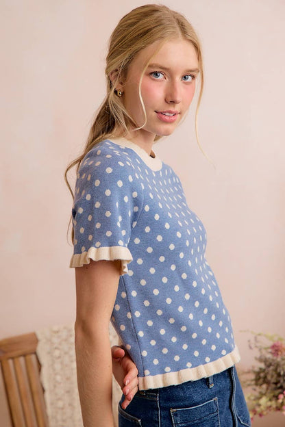 So Me - POLKA DOT RUFFLED SHORT SLEEVES SWEATER KNIT TOP