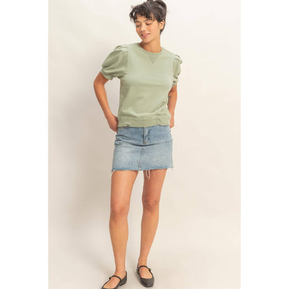 Double Zero - Puff Sleeve V-Stitch Crew Neck Top