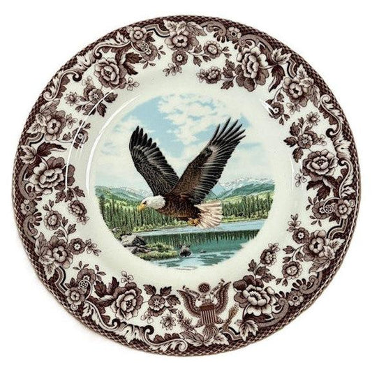 Spode Woodland 250th Anniversary salad plate featuring bald eagle over lake with brown floral border