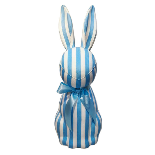 Dunn Deals Jumbo 27-inch Stripe Easter Bunny, blue and white striped plush with blue bow accent