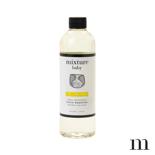 Mixture Baby Fresh Stain Remover in cream bottle with black cap and diaper graphic on label