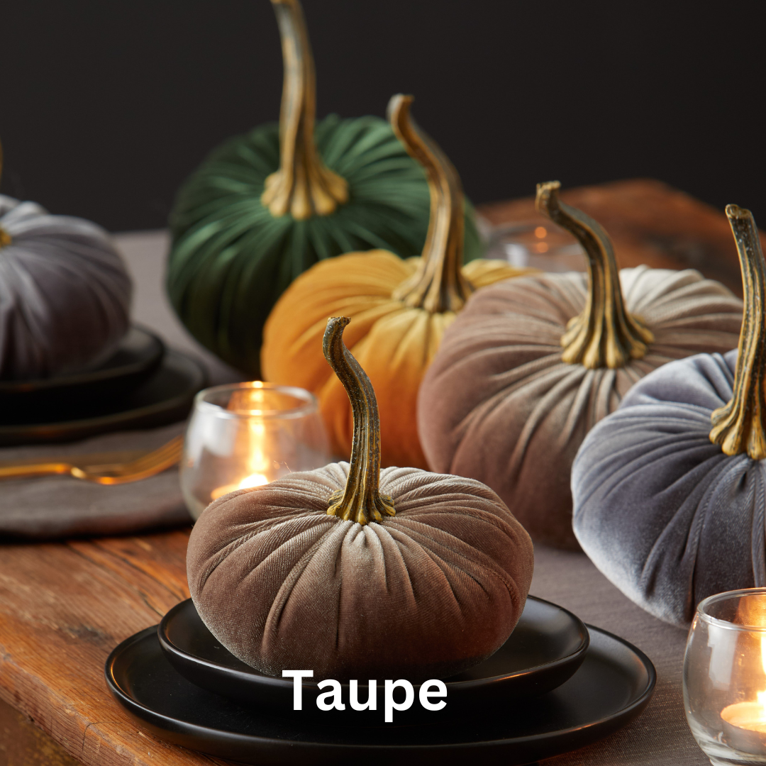 Small velvet pumpkins from Your Heart’s Content in taupe, green, yellow, and gray create a charming Thanksgiving centerpiece when arranged on plates and a wooden table surrounded by lit candles. The word “Taupe” appears at the bottom.