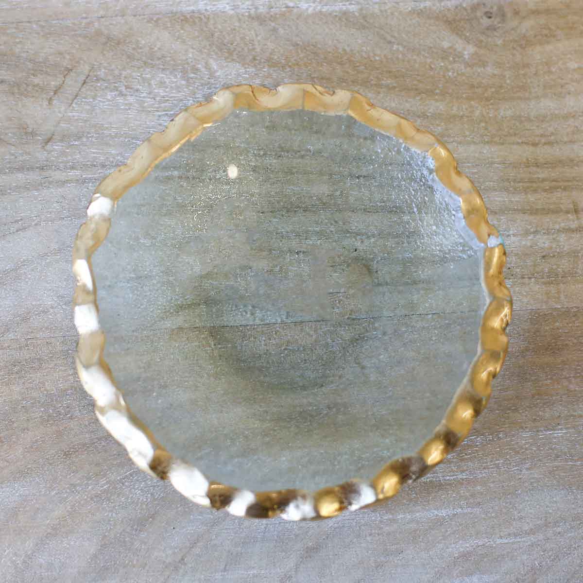 The Royal Standard Fairbanks Tidbit Dish, clear glass with scalloped gold rim, top view