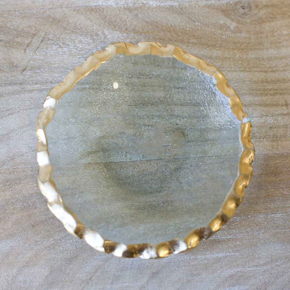 The Royal Standard Fairbanks Tidbit Dish, clear glass with scalloped gold rim, top view