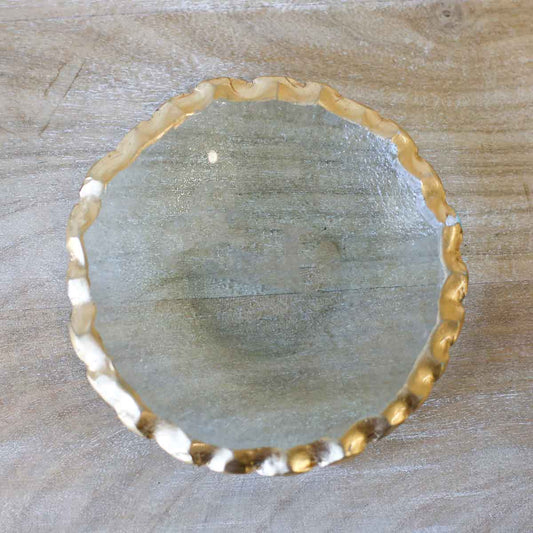 The Royal Standard Fairbanks Tidbit Dish, clear glass with scalloped gold rim, top view