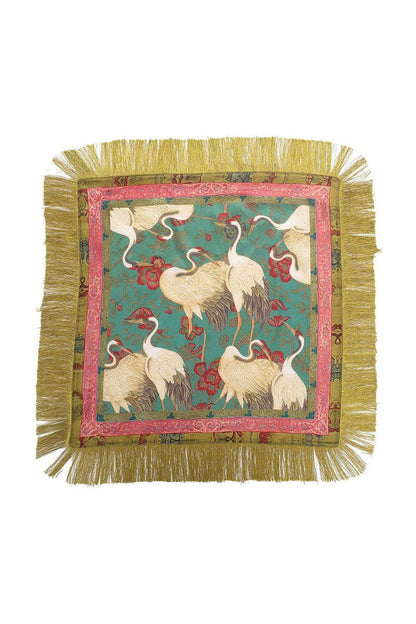Fringed Floral Crane Print Square Scarf