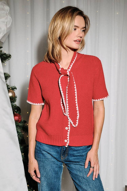 Sunday Edition by LE LIS - Whipstitch Contrast Trim Tie Neck Short Sleeve Sweater