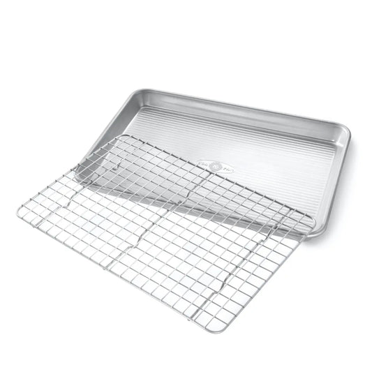 USA Pan Quarter Sheet with stainless steel baking pan and wire cooling rack